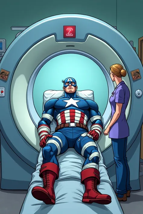 A heavily injured superhero Captain America lies inside the MRI machine, wrapped in bandages, A nurse stands beside him. The scene is set in a medical room with a detailed, semi-realistic cartoon style.