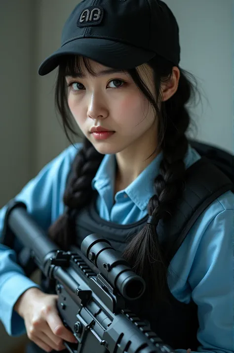 Korean young woman, black braid hair, black cap, sky blue sleeve shirt, bulletproof vest, m16 riffle, stealthy gun pose.