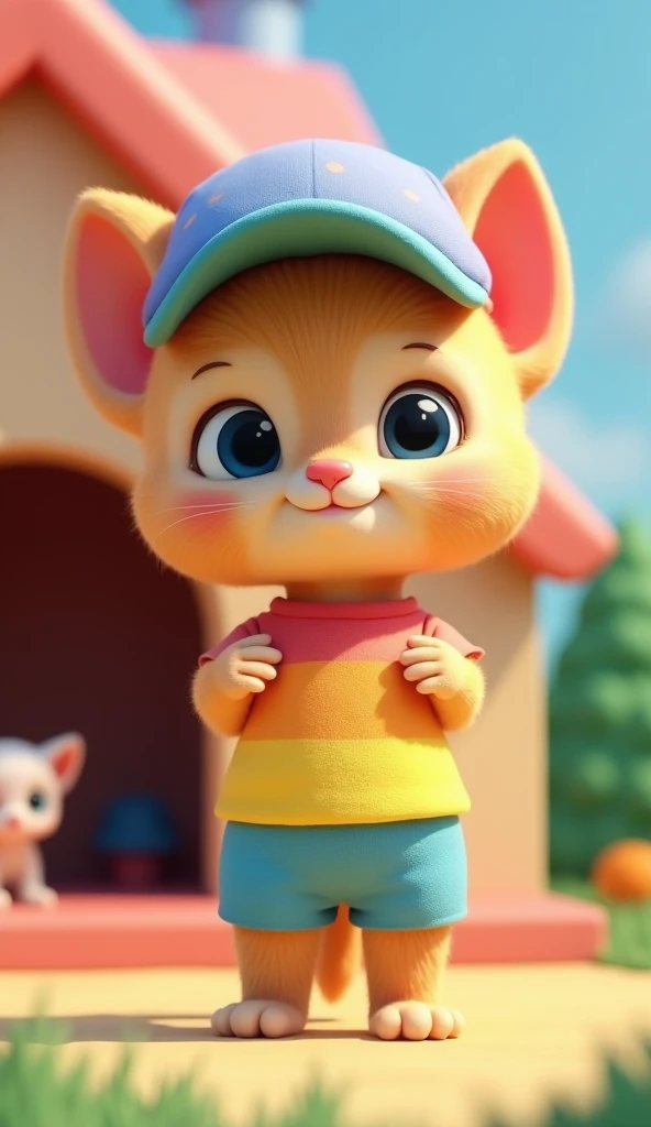  cute kitten、 stand upright on two legs、rainbow-colored t-shirt、rainbow-colored shorts、rainbow-colored cap、There is a very small puppy on the right back of the kitten、colorful dog house background、3d、 8k、 animation