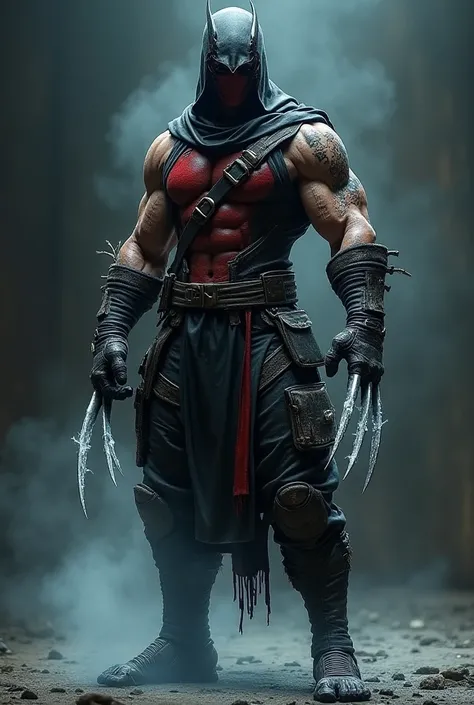 Fusiona a Scorpion de mortal Kombat, Deadpool, Wolverine y Sub Zero y ponle un traje de ninja