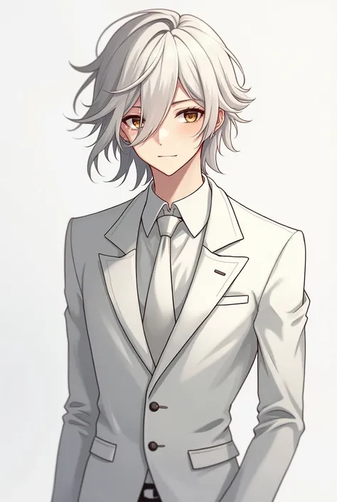 Anime guy with white wavy hair and brown eyes in a white formal suit