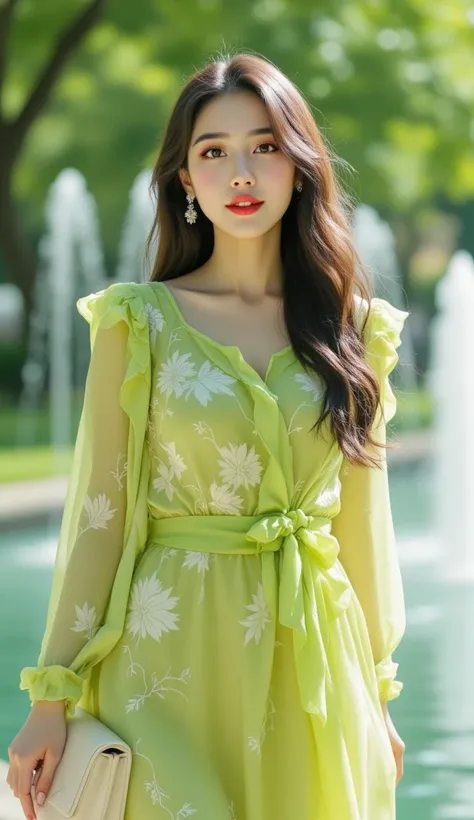  Close up photo of a beautiful young Korean woman long hair Slightly smiling thin. pakaian    Color Block Ruffle Trim Dress, Elegant Long Sleeve Aline Dress For Spring & fall, Women's Clothing white color and soft lime green exterior of silk fabric shiny s...