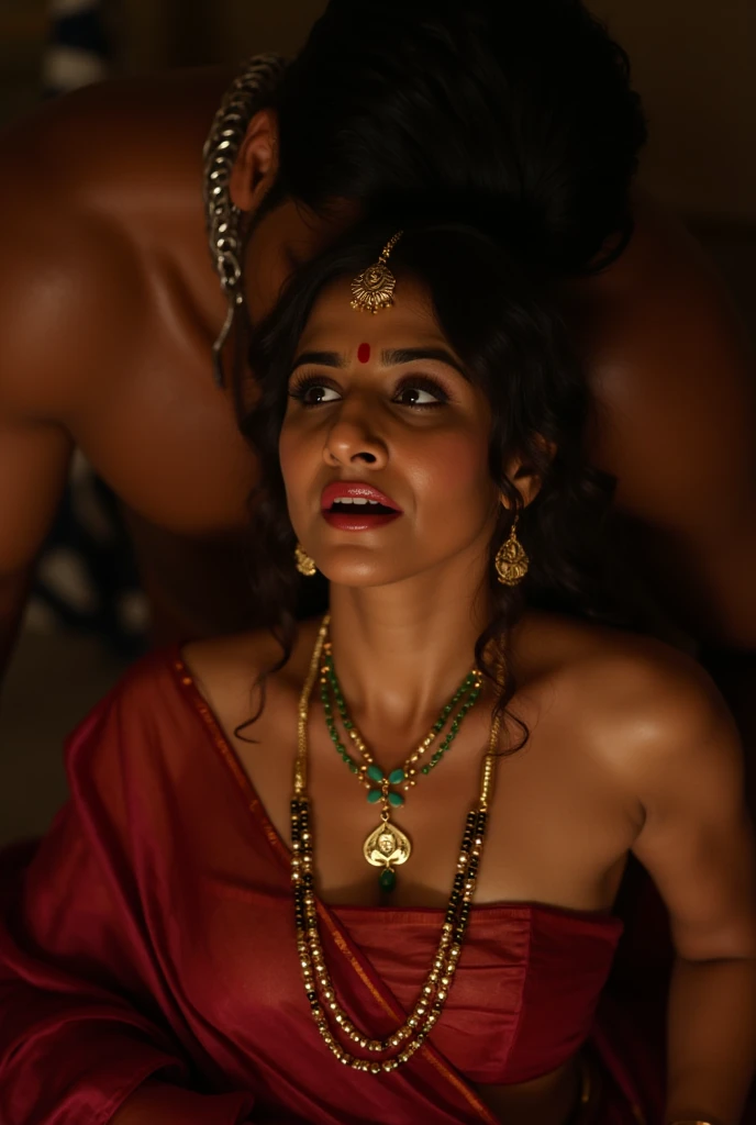 in a dimly light setting A naughty and curvaceous light neutral skin tone woman in traditional attire, wearing a deep red messed up elegant saree, no blouse piece, bare breast and intricate jewelry glass green bangles and a red small bindi between her eyeb...