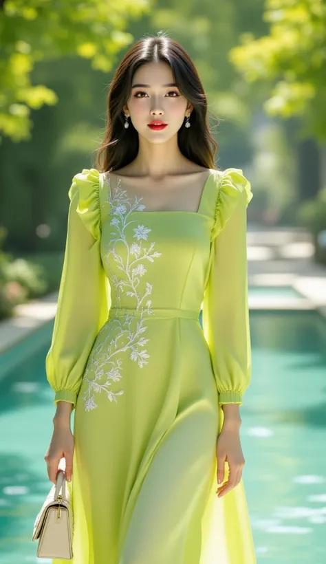  Close up photo of a beautiful young Korean woman long hair Slightly smiling thin. pakaian    Color Block Ruffle Trim Dress, Elegant Long Sleeve Aline Dress For Spring & fall, Women's Clothing white color and soft lime green exterior of silk fabric shiny s...