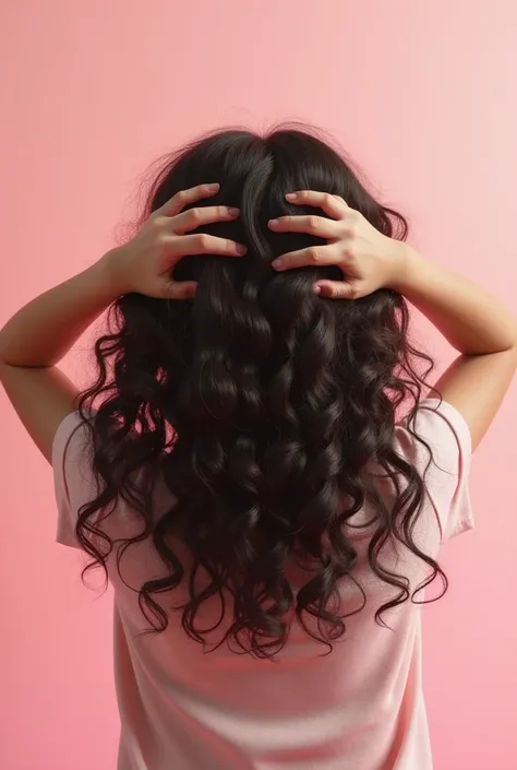 girl with curly curly hair, back view, back of the head, just the head,loosens hair,light pink background 