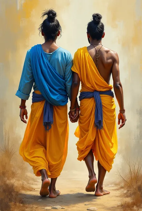 a painting of two men in blue and yellow clothes walking together, a picture by Shekhar Gurera, instagram, samikshavad, avatar image, from ramayan, profile pic, vishnu, hindu art, godess, beautiful depiction, beautiful godrays, indian god, hindu gods, cute...