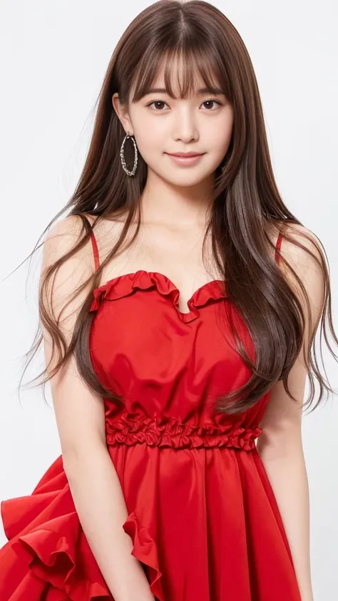 ( top quality:1.5), ( real :1.4), ( ultra high definition:1.4), (1idol girl ), (19-years-old idol girl), (cute idol face with droopy eyes:1.2), (big breasts), (red ruffle dress), (light brown long hair with bangs), (bangs), (idol's cute smile), (cute idol ...