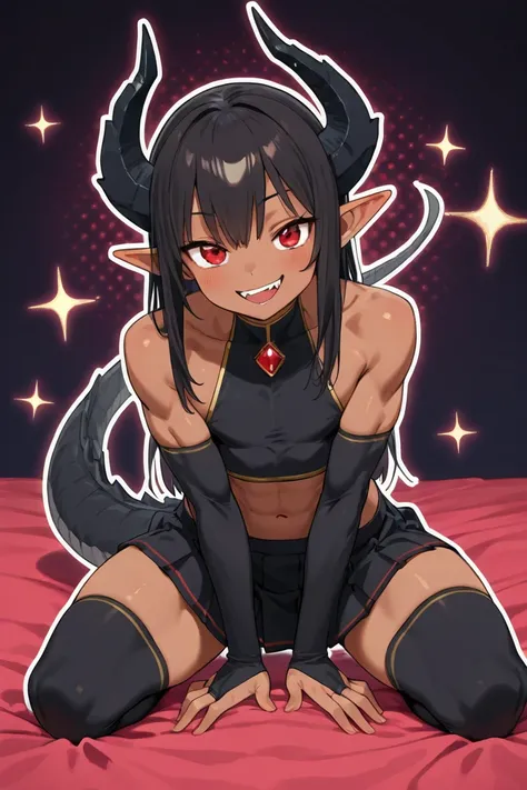 (1boy:1.5), (male focus:1.5), solo,flat, 2d, otoko no ko, lovery Passionate ,Loli, muscle, dark skin,black long hair,red eyes,midriff,  pleated skirt, dragon horns, Thick dragon tail , pointy ears, thighhighs, dragon girl,   Cheeky face,  Thick outline,on ...