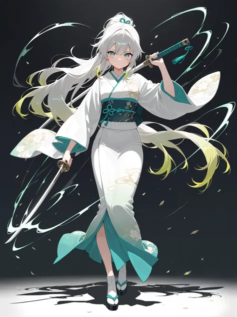 score_9, score_8_up, score_7_up, (masterpiece, best quality:1.5), 1girl, solo, yubu, UHD, kimono, full body, White and green gradient hair, Blue Gradient Eyes, Distinctive hairstyle, holding sword, Action Painting