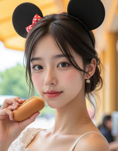 ( Super cute busty Korean college girl is eating a hot dog at a beautiful sunny Disneyland restaurant:1.2)(Happy smile:1.2)(16k,  RAW photos ,  top quality,  Masterpiece: 1.2),( cute bun hair with glossy black hair )  Super Detail,  Super Resolution, (Genu...