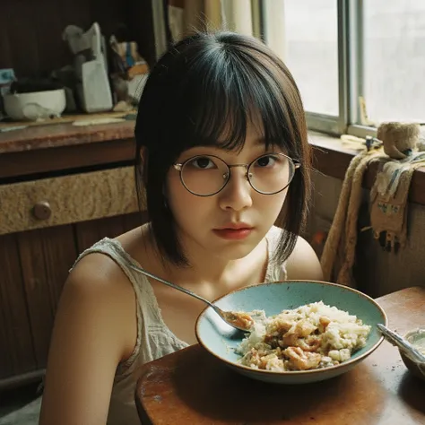  round face with a slight distance between eyes, Long Trimmed Bangs, low ponytail , middle school girl with round glasses,Tattered tatami mat , messy room, sitting,Old ruffled white tank top , old tattered studio apartment room , taken from the side,Shoddy...