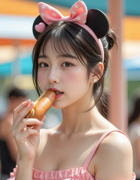 ( Super cute busty Korean college girl is eating a hot dog at a beautiful sunny Disneyland restaurant:1.2)(Happy smile:1.2)(16k,  RAW photos ,  top quality,  Masterpiece: 1.2),( cute bun hair with glossy black hair )  Super Detail,  Super Resolution, (Genu...