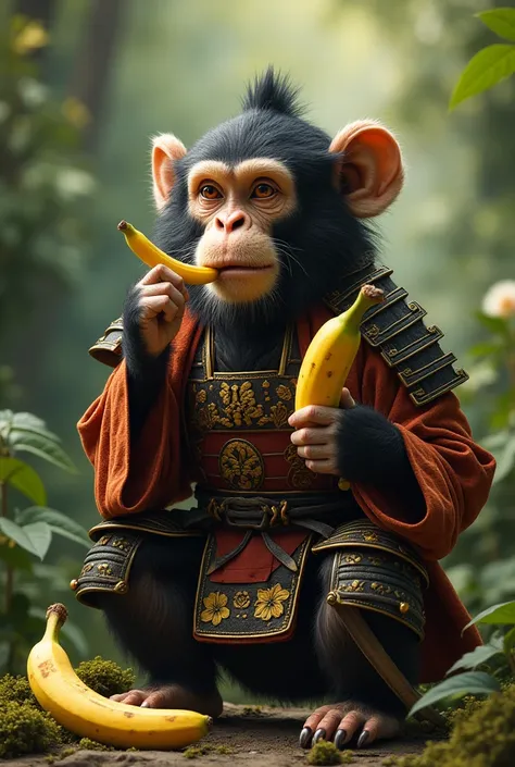 Monkey dressed as a samurai eating a banana