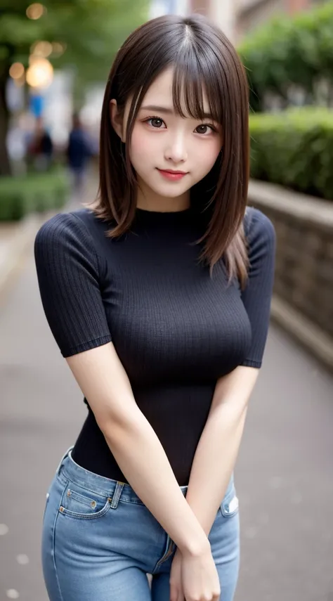    beautiful girl,   has a very beautiful and detailed face  ,   laugh shyly, Deep Valley), ( Black Rib Knit Tee、Ruffled Hem 、Thick denim pants、:1.3), ( slender,  big breasted with a cross eye .),   Her hair is Bob  , (  beautiful face:1.2),   high quality...