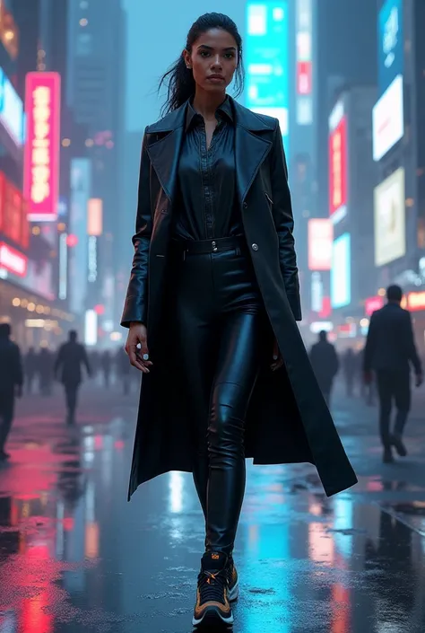 "A futuristic Indian woman with high cheekbones and striking features, wearing a sleek black coat with metallic accents, a modern high-tech shirt, fitted smart-fabric pants, and cutting-edge sneakers. She strides confidently through a neon-lit cityscape wi...