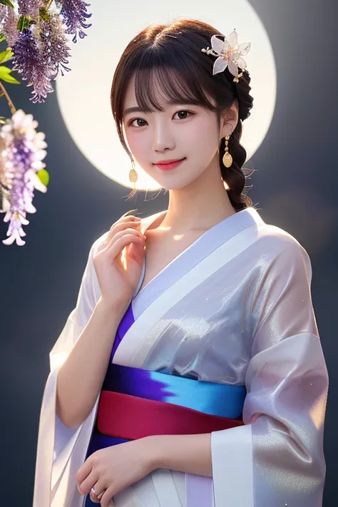 masterpiece, best quality, ultra-detailed, 8k, highly detailed, photorealistic digital art, elegant young japanese woman, 20 years old, dignified posture, standing pose, body turned slightly right, face toward viewer, gentle divine smile, (transparent back...