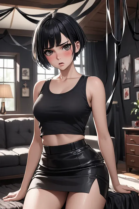 (masterpiece, best quality, 8k, high definition), whole body, 1 woman, black pixie cut, mid-chest, dark grey eyes, soft lips, beautiful face, wearing a black tanktop and tight black skirt, natural light, detailed background, Detailed Illustration Art, tsun...