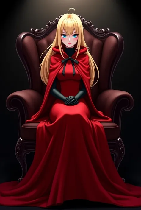 Princess.  red dress.  blond hair, loose and reaches up to the elbows. sky blue eyes. evil. anime illustration.  Inside a dark and gothic palace.  darkness.   The rolo dress has long sleeves. Wear a red velvet cape. .  small height.  serious and annoying e...