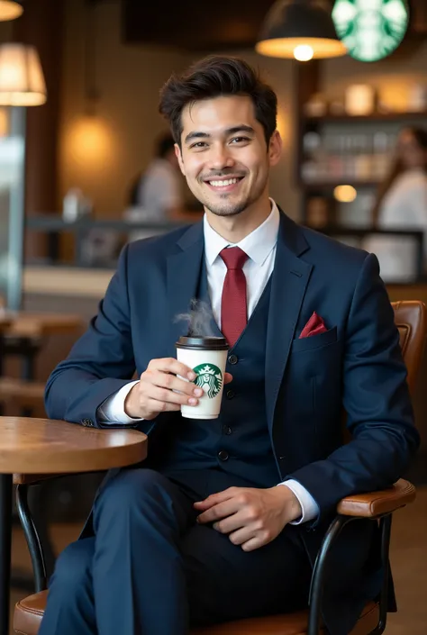   Side view, full body, sitting a chair, (both hands holding  Starbucks Coffee cup with logo mark, rise steam), in Starbucks shop, looking at viewer, name is Tom, 30-age, (White Scottish man, dark brown hair, short hair, beautiful blue eye, cute lip, smile...