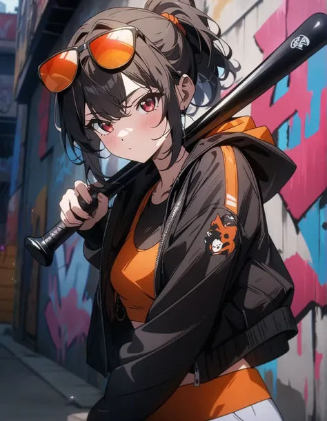 anime girl with a baseball bat in her hand and a graffiti wall behind her, anime style 4 k, badass anime 8 k, best anime 4k konachan wallpaper, female protagonist 👀 :8, anime art wallpaper 8 k, anime art wallpaper 4 k, anime art wallpaper 4k, anime moe art...