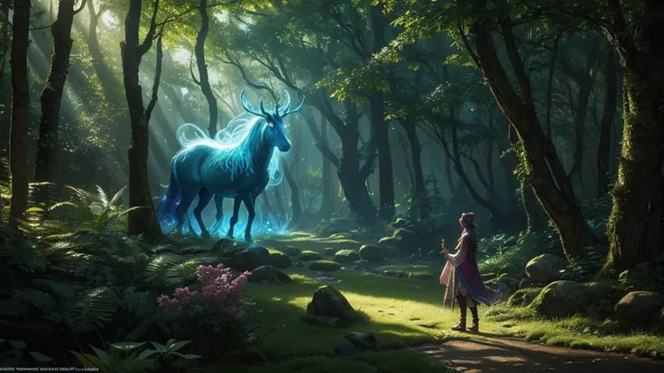 A magical forest, mythical creatures, mystical ambiance, fantasy nature, by J.R.R. Tolkien style, (best quality,4k,8k,highres,masterpiece:1.2),ultra-detailed,(realistic,photorealistic,photo-realistic:1.37),HDR,UHD,studio lighting,ultra-fine painting,sharp ...