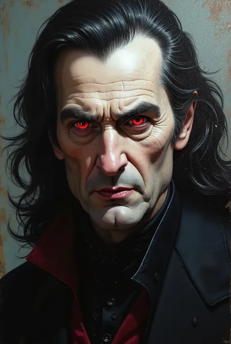 A oil painting of a older male vampire with red eyes that are sharp looking with long wavy black hair