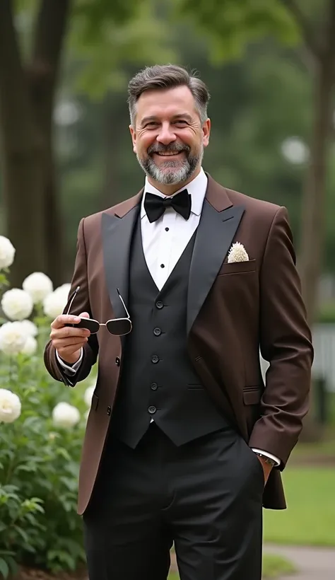 a 1 handsome man smiling,sweetly ,chubby face, small white beard,focus on camera,brown tuxedo and wearing a long black and white tie,tuxedo dress like flowing water made of textiles most expensive high class dress, wearing black smart shoes, is in a flower...