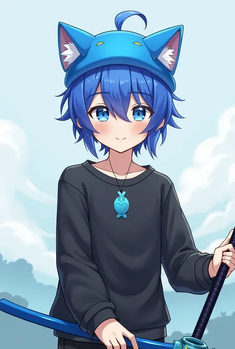 Genshin Impac style boy with short blue hair, And one eye color Abellanda and the other color blue, with a blue cat hat, and a black sweatshirt and a blue fish pendant,  with a sword in his hand 