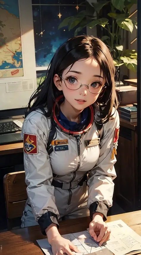 Stubble、 in vintage video game animation style {x} a 35 year old girl wearing an old fashioned spacesuit with aviator goggles on her forehead、Place a map of the constellations on the desk 、 I'm in the jungle with an astro lab in my hand 。 I'm in the jungle...