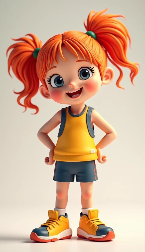 Cute oanda standing wearing sporty dress and basketball shoes,bright face, shady background, plastic doll eyes, full body, high detailed, good composition