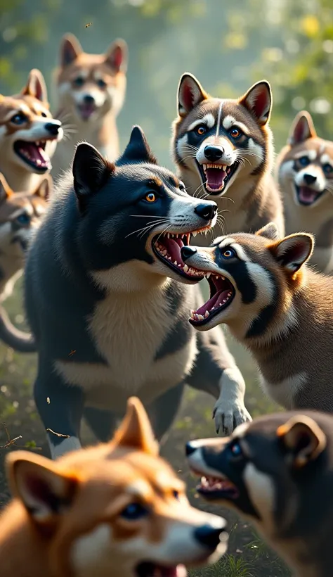 Black and white dog and other dogs fighting a raccoon, full color image 