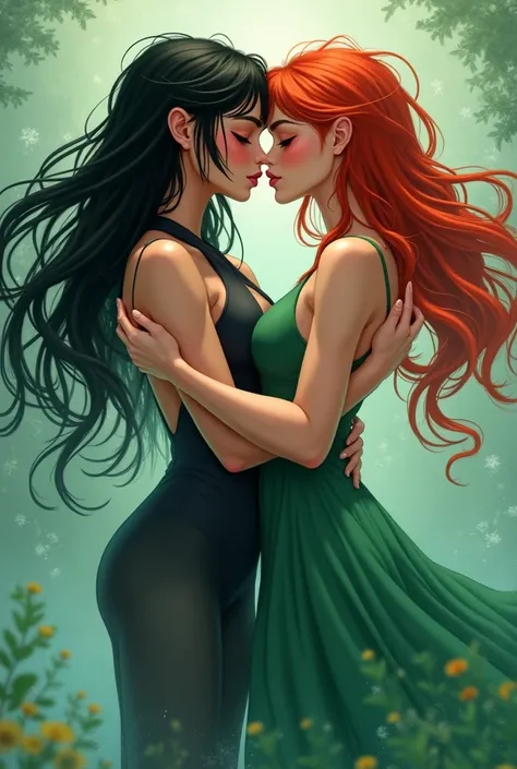 The intertwined rivers of two girls.  One with black hair and dressed in black, the other one with red hair and dressed in green. they are kissing 