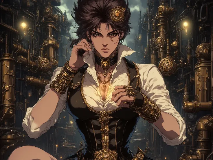 A striking young steampunk woman in a manga-style splash art, seated confidently in a richly detailed industrial world. She wears a black corset, a crisp white shirt, fingerless leather gloves, and intricate brass-and-copper accessories that gleam under th...