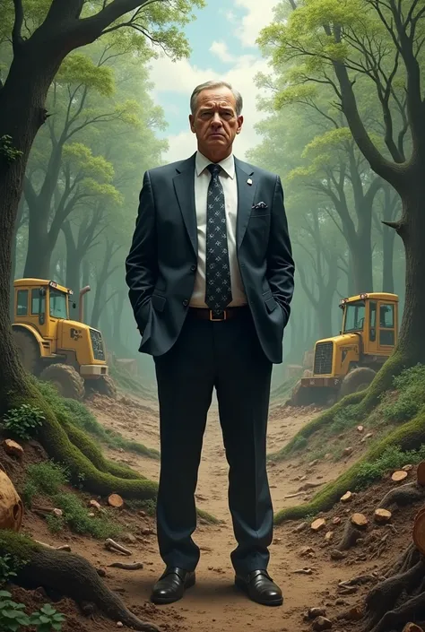 Generate an image of a thief businessman who cuts down a forest in order to build another business