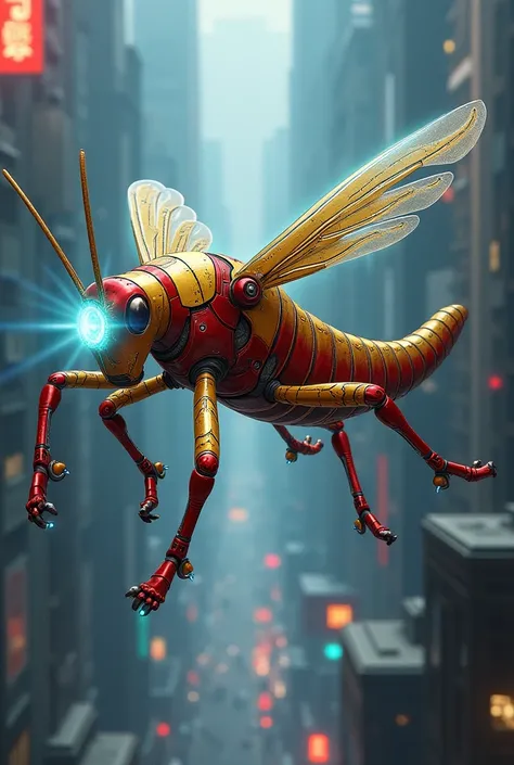 A highly detailed illustration of a grasshopper inspired by Iron Man. The grasshopper's body is sleek and metallic, with a reflective golden and red armor resembling Iron Man’s suit. Its wings have a glowing arc reactor design at the center, emitting a sof...