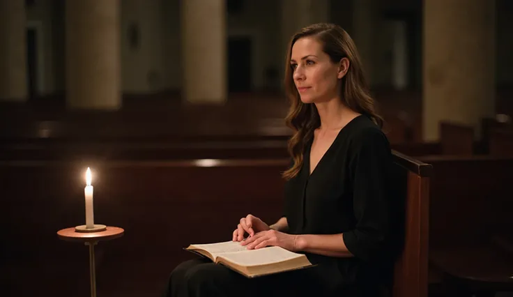 The woman is seated on a pew, her fingers lightly tracing the spine of a closed Bible resting on her lap. She gazes forward, her expression distant yet serene.

Lighting:
A candle on a nearby stand provides soft, warm illumination on the Bible and her hand...