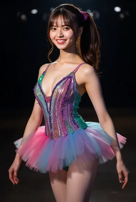 Image of beautiful ballerina, more details, Ultra Realistic Portrait Photography, clear focus with more details, (At the center of the image is a woman), background is black, (pin spotlight illuminating the entire person: 1.3), perfect anatomy, cute smile,...