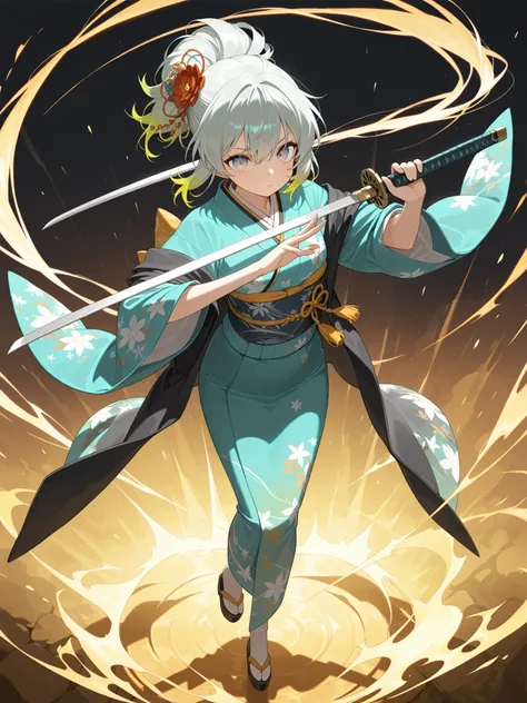 score_9, score_8_up, score_7_up, (masterpiece, best quality:1.5), 1girl, solo, yubu, UHD, kimono, full body, W hite and green gradient hair, Blue Gradient Eyes, Distinctive hairstyle, holding sword, Action Painting