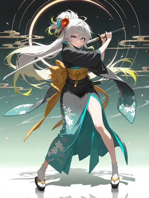 score_9, score_8_up, score_7_up, (masterpiece, best quality:1.5), 1girl, solo, yubu, UHD, kimono, full body, W hite and green gradient hair, Blue Gradient Eyes, Distinctive hairstyle, holding sword, Action Painting