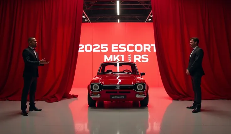 "A captivating thumbnail featuring the grand unveiling of the 2025 Ford Escort MK1 RS. The iconic red sports car takes center stage in a pristine showroom environment, flanked by two presenters elegantly pulling back a vibrant red curtain. The bold '2025 F...