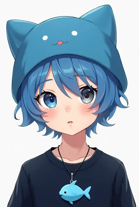 2D style boy, With short blue hair, And a blue kitten hat, With one eye colored blue and the other gray, with a black sweatshirt and a blue fish pendant