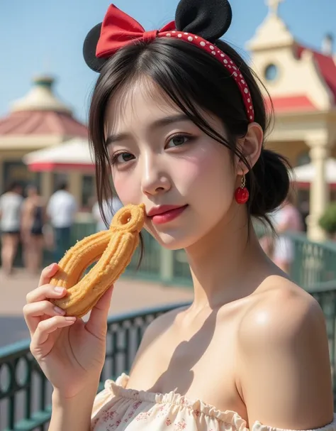 (A super cute busty Korean college girl is eating churros at a Disneyland restaurant with beautiful clear weather:1.2)(Happy smile:1.2)(16k,  RAW photos ,  top quality,  Masterpiece: 1.2),( cute bun hair with glossy black hair )  Super Detail,  Super Resol...