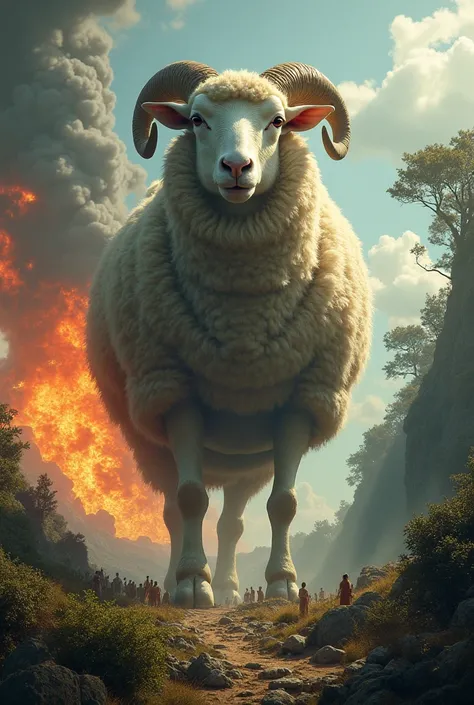 Very huge sheep Standing ,on the left view fire people,on the right view paradise peoples,realistic