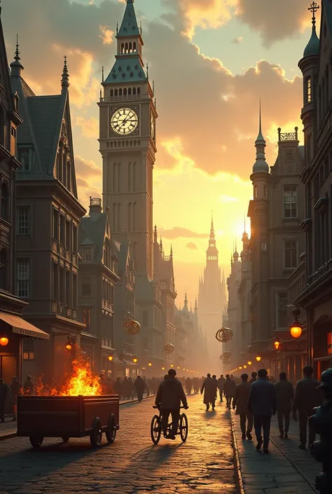 There is a picture of a city with a clock tower, Brian DeSpain riding a fire hydrant and a burning cart ,  CG Society contest winner , conceptual art ,  steampunk city , a  steampunk city , ancient  steampunk city , in  steampunk city scape, victorian stea...