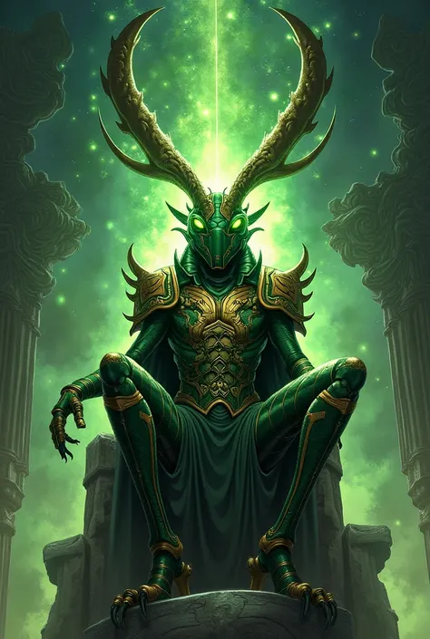 A highly detailed illustration of a grasshopper inspired by Loki. The grasshopper’s exoskeleton is adorned with dark green and gold armor, featuring intricate patterns that mimic Loki's royal attire. Its large, curved antennae resemble Loki’s iconic horned...