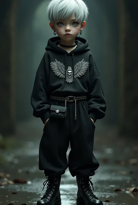 Gothic doll,  boy, silver hair, green eyes, silver skull earrings, long-sleeved hoodie with eagle wings pattern, wide black belt with silver chain, black trousers, tied trousers Wearing a small bag, black lace-up high-heeled thick-soled boots, and his hand...