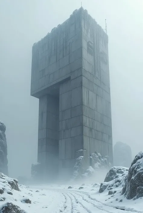 Create the image of a tall building with brutalist architecture in the middle of a snowstorm.