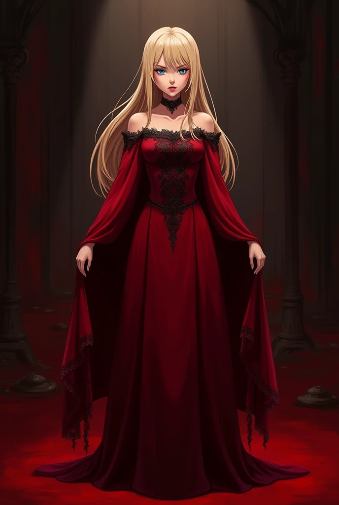 Princess. Red dress with black lace.  blond hair, loose and reaches up to the elbows. sky blue eyes. evil. anime illustration.  Inside a dark and gothic palace.  darkness.   The rolo dress has long sleeves. Wear a red velvet cape. .  small height.  serious...