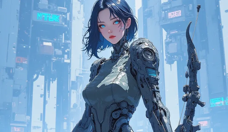 AI woman with cybernetic body black mechanics and military Navy camouflage plastic, very tall, with thick thighs, wide hips, long legs, high heel, and a slender waist. glowing blue eyes, short flowing black hair. Alluring, looking directly at the camera. G...