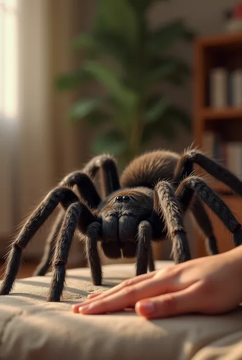 An apartment tarantula next to one hand